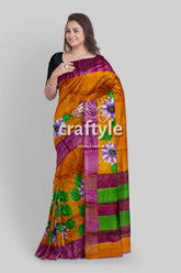 Hand Painted Orange Zari Pure Tussar Silk Saree with Floral Design - Craftyle