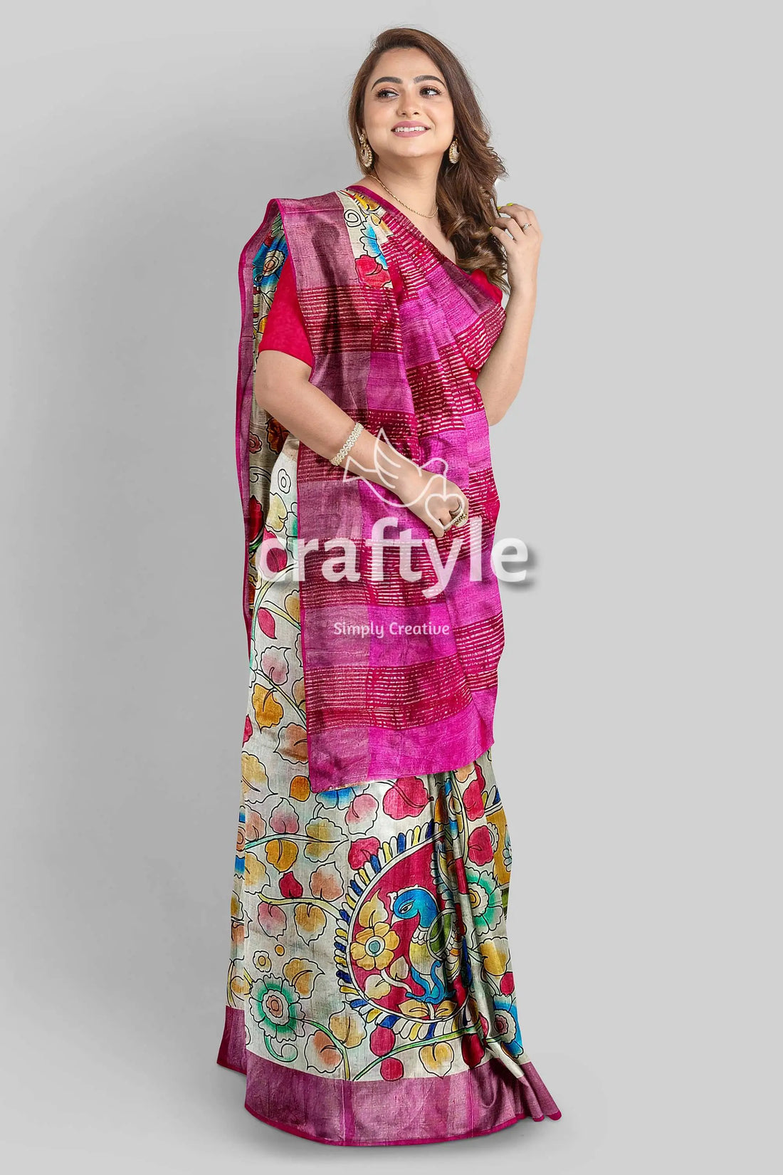 Hand painted pastel magenta kalamkari sari with pure tussar silk zari border woman pink floral saree 1