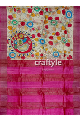 Hand painted pastel magenta kalamkari sari with pure tussar silk zari border floral peacock painted saree 6