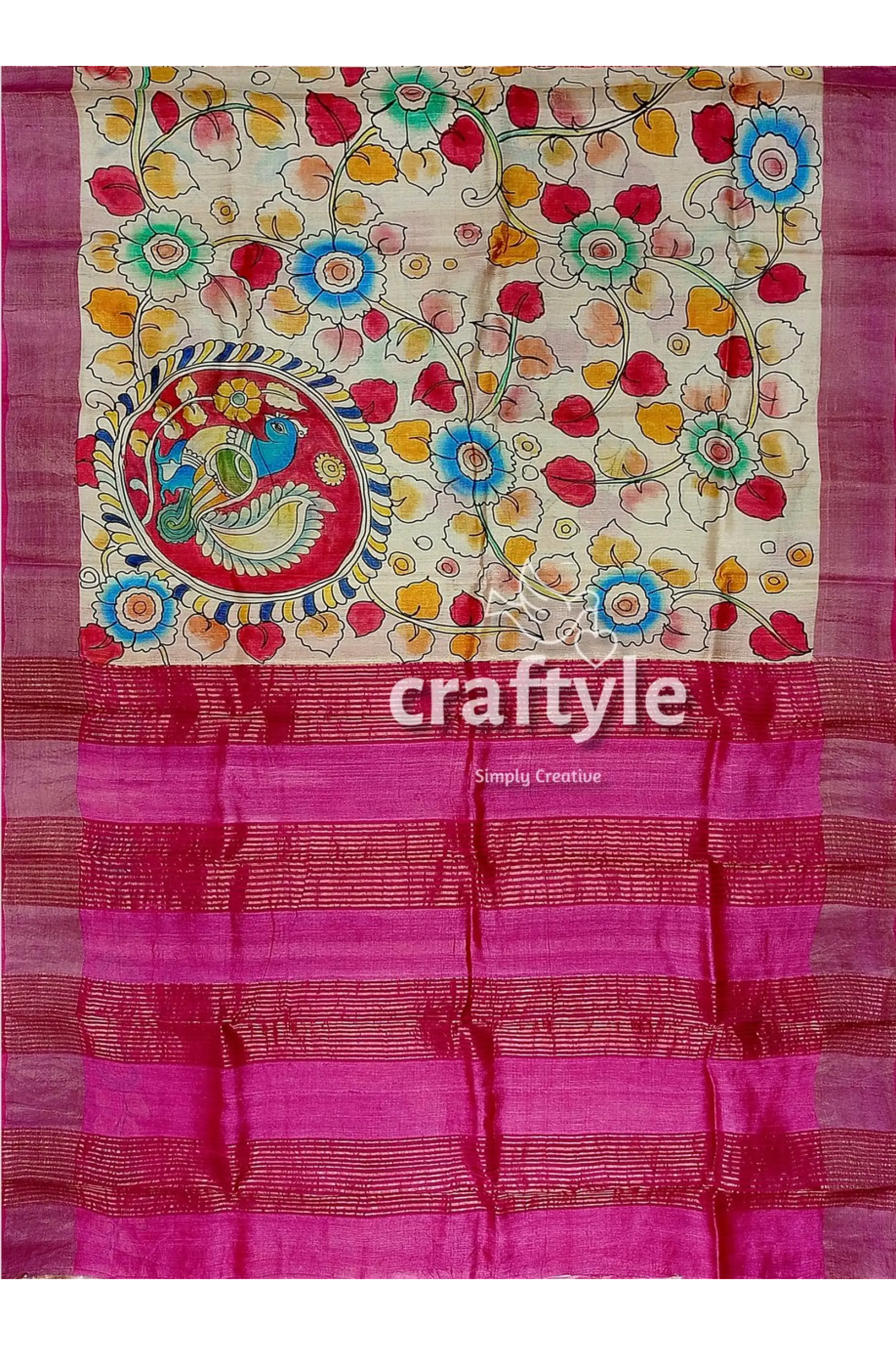 Hand painted pastel magenta kalamkari sari with pure tussar silk zari border floral peacock painted saree 6
