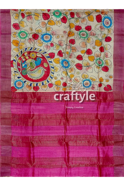Hand painted pastel magenta kalamkari sari with pure tussar silk zari border floral peacock painted saree 6