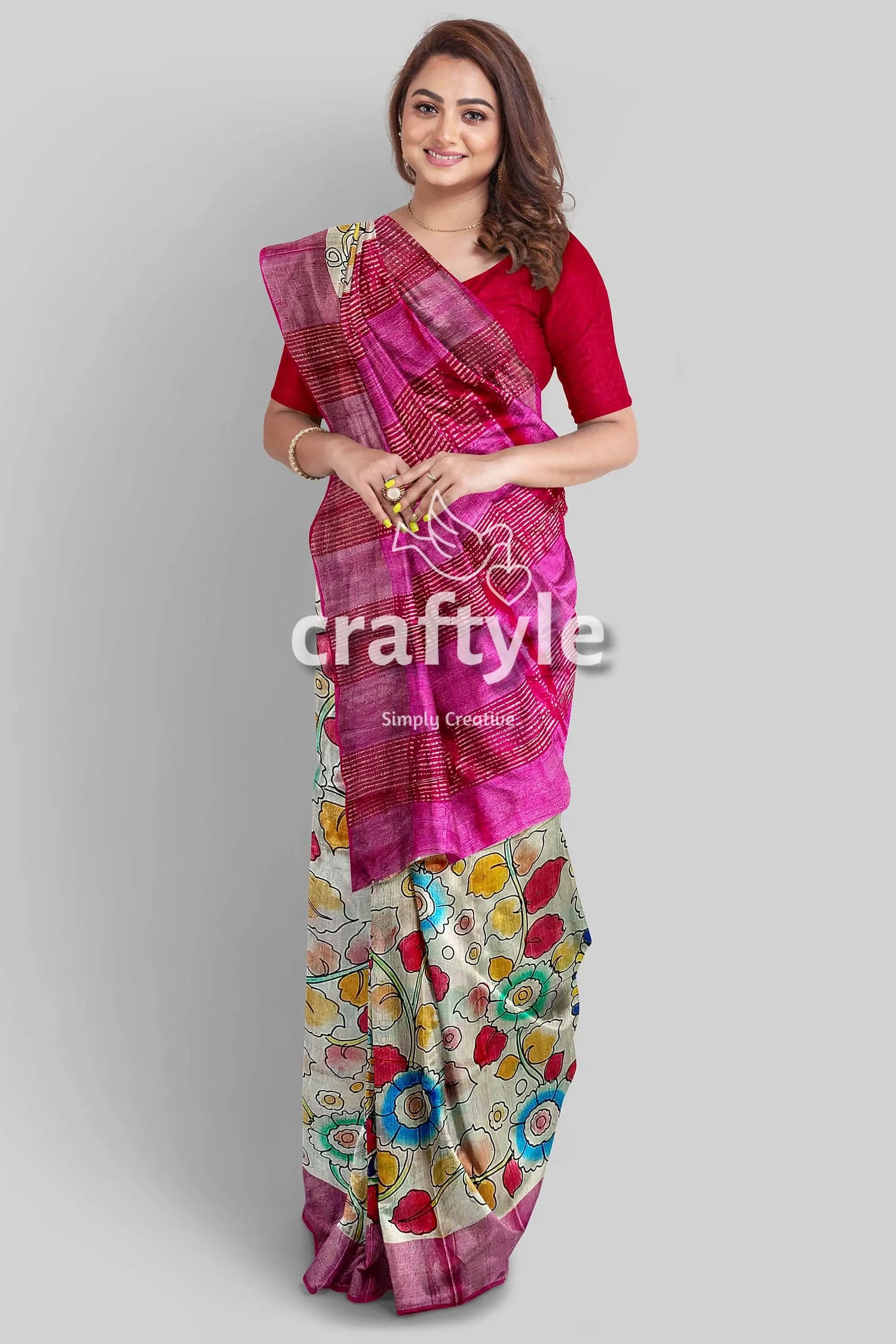 Hand painted pastel magenta kalamkari sari with pure tussar silk zari border woman pink floral saree 2