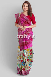 Hand painted pastel magenta kalamkari sari with pure tussar silk zari border woman pink floral saree 2