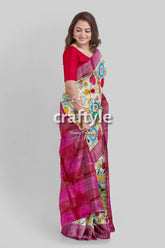 Hand Painted Pastel Magenta Kalamkari Sari with Pure Tussar Silk Zari Border - Craftyle