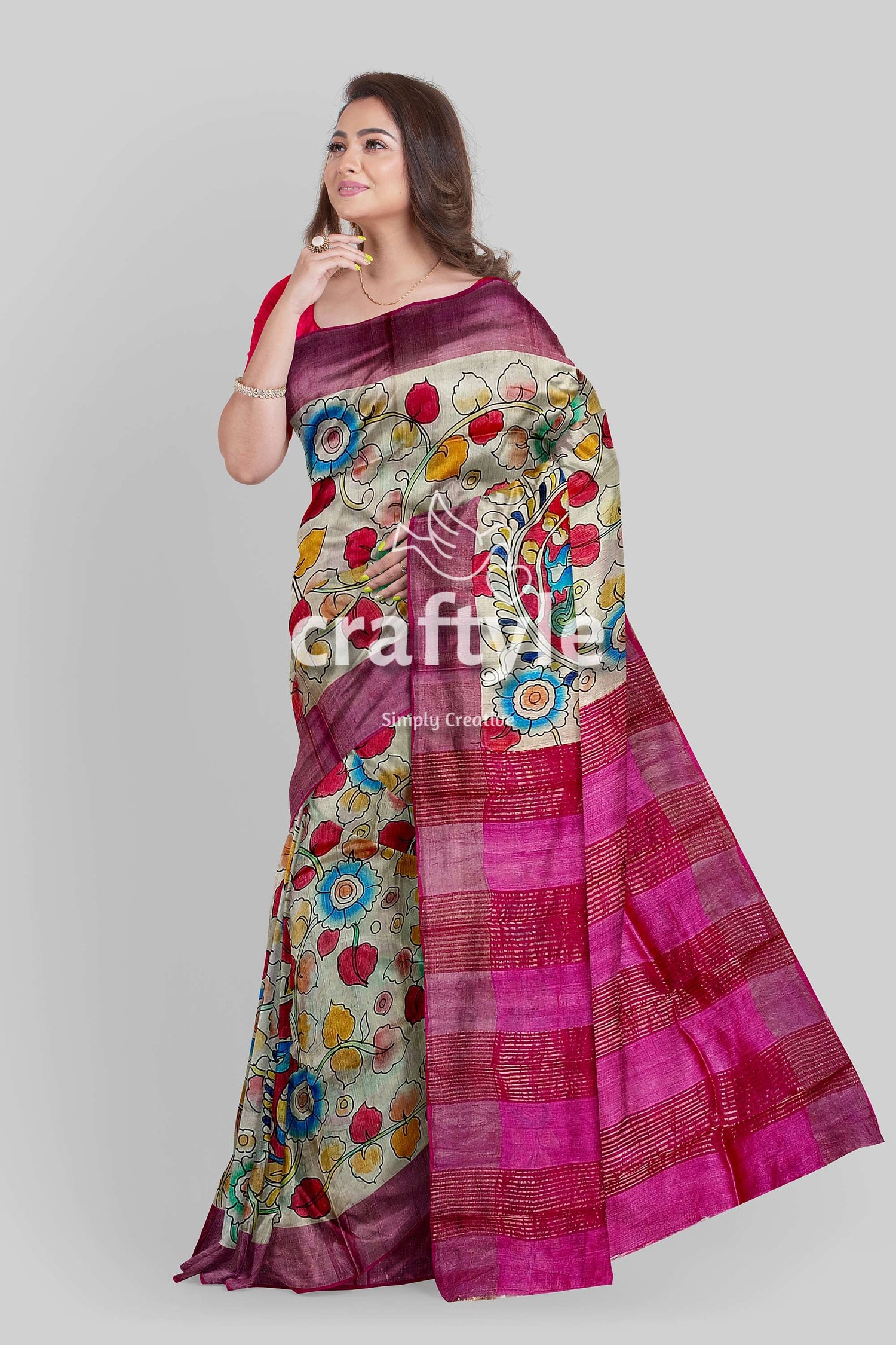 Hand Painted Pastel Magenta Kalamkari Sari with Pure Tussar Silk Zari Border - Craftyle