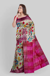 Hand Painted Pastel Magenta Kalamkari Sari with Pure Tussar Silk Zari Border - Craftyle