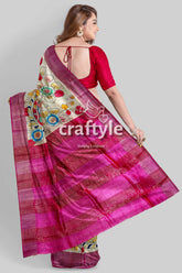Hand Painted Pastel Magenta Kalamkari Sari with Pure Tussar Silk Zari Border - Craftyle