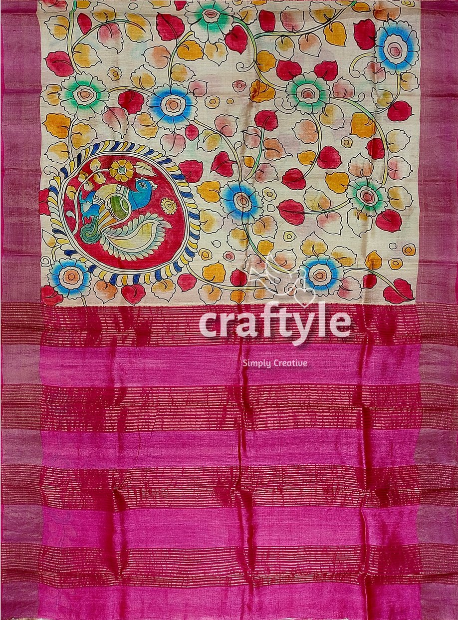 Hand Painted Pastel Magenta Kalamkari Sari with Pure Tussar Silk Zari Border - Craftyle