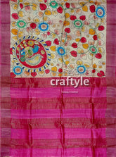 Hand Painted Pastel Magenta Kalamkari Sari with Pure Tussar Silk Zari Border - Craftyle