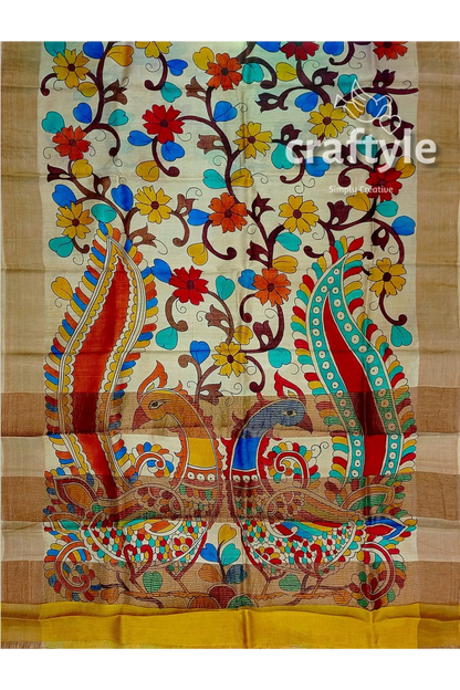 Hand painted pearl bush sari with pure tussar kalamkari designs - zari border hand-painted silk saree peacock floral 6
