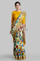 Hand Painted Pearl Bush Sari with Pure Tussar Kalamkari Designs - Zari Border - Craftyle