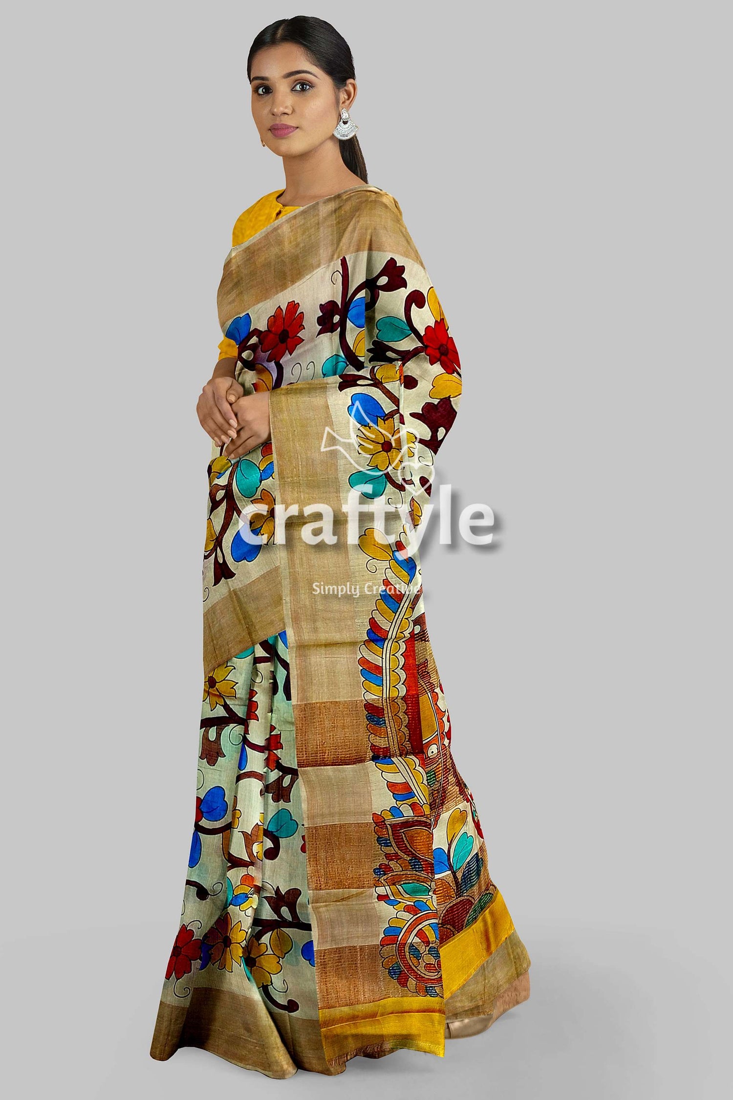 Hand Painted Pearl Bush Sari with Pure Tussar Kalamkari Designs - Zari Border - Craftyle