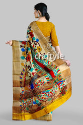 Hand Painted Pearl Bush Sari with Pure Tussar Kalamkari Designs - Zari Border - Craftyle