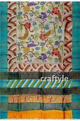 Hand painted pure tussar kalamkari saree with zari border - artisan crafted colorful floral striped textile 6