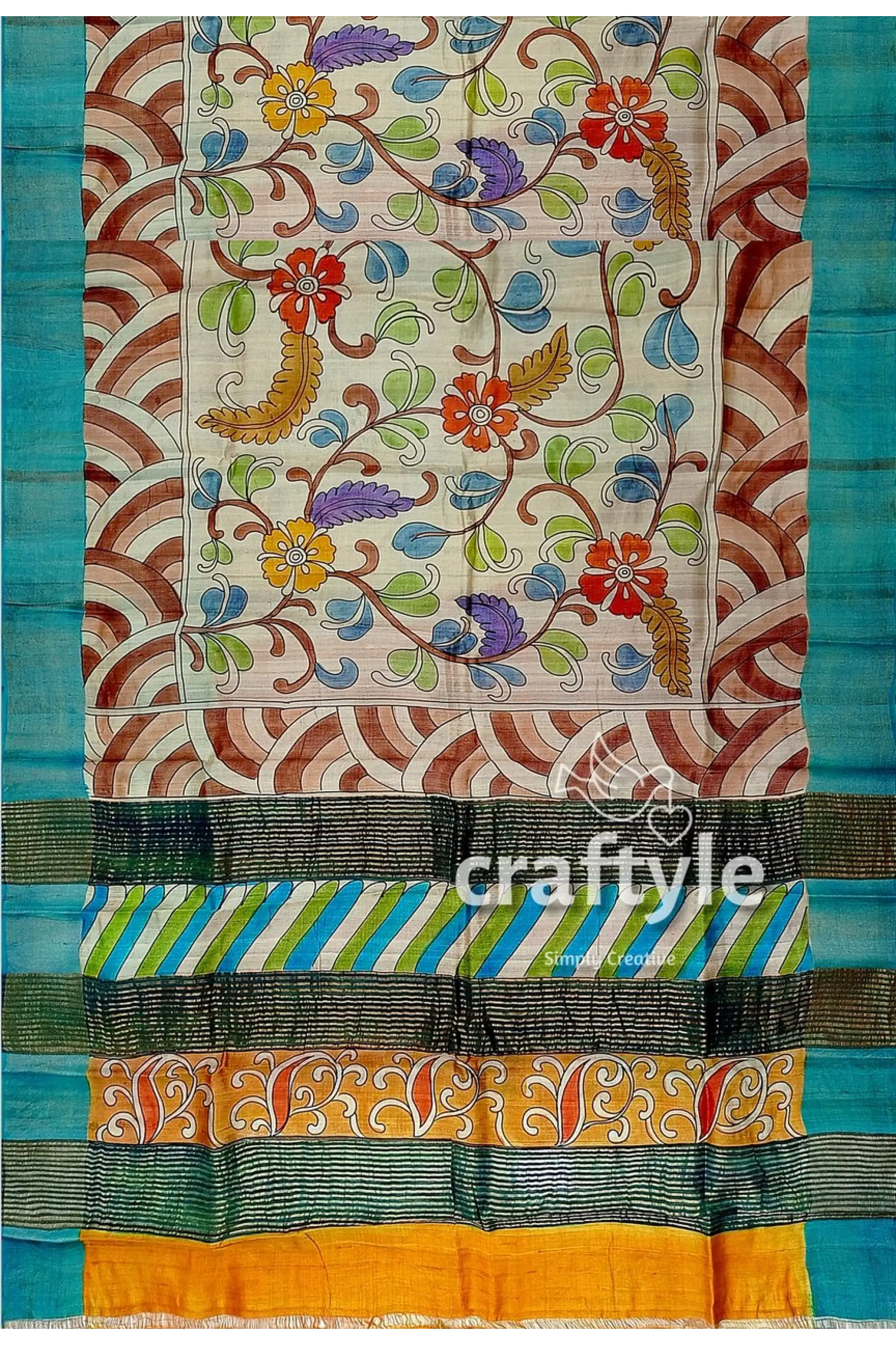 Hand painted pure tussar kalamkari saree with zari border - artisan crafted colorful floral striped textile 6