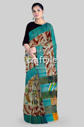 Hand Painted Pure Tussar Kalamkari Saree with Zari Border - Artisan Crafted - Craftyle