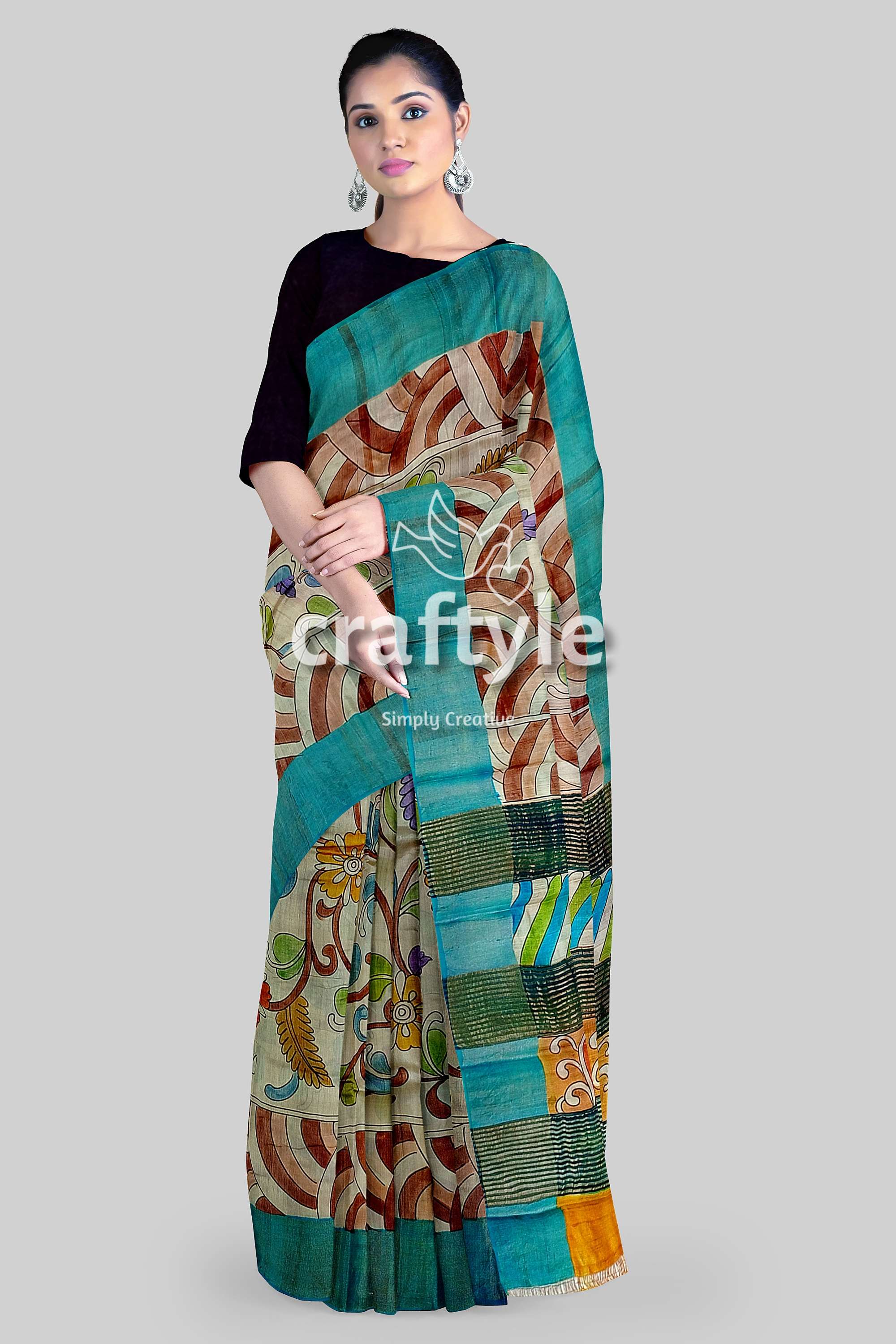 Hand Painted Pure Tussar Kalamkari Saree with Zari Border - Artisan Crafted - Craftyle