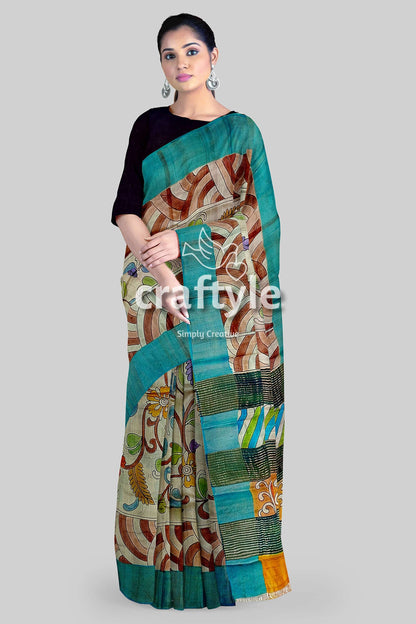 Hand Painted Pure Tussar Kalamkari Saree with Zari Border - Artisan Crafted - Craftyle