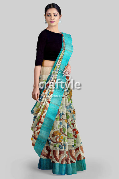 Hand Painted Pure Tussar Kalamkari Saree with Zari Border - Artisan Crafted - Craftyle