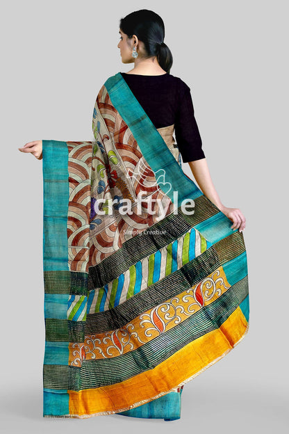 Hand Painted Pure Tussar Kalamkari Saree with Zari Border - Artisan Crafted - Craftyle