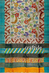 Hand Painted Pure Tussar Kalamkari Saree with Zari Border - Artisan Crafted - Craftyle