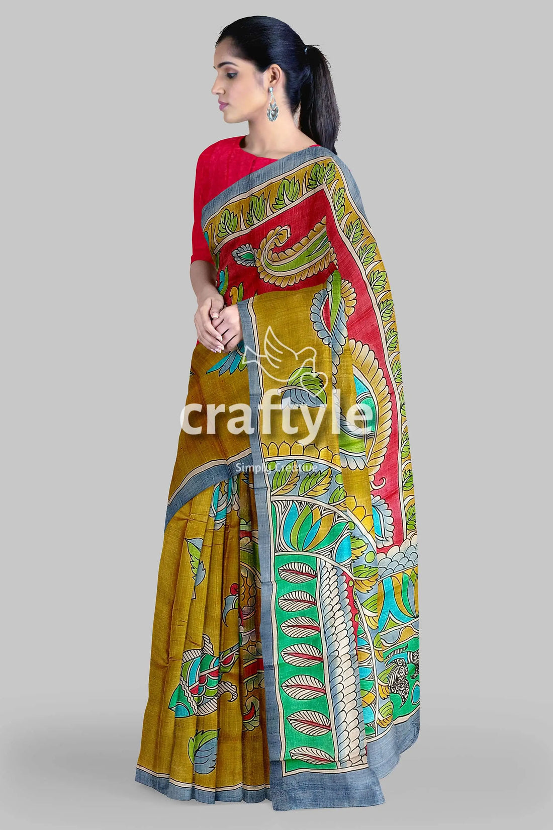 Hand painted pure tussar kalamkari saree with zari border - dark golden woman colorful saree 1
