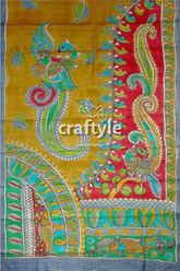 Hand painted pure tussar kalamkari saree with zari border - dark golden hand-painted silk fabric bird paisley 6