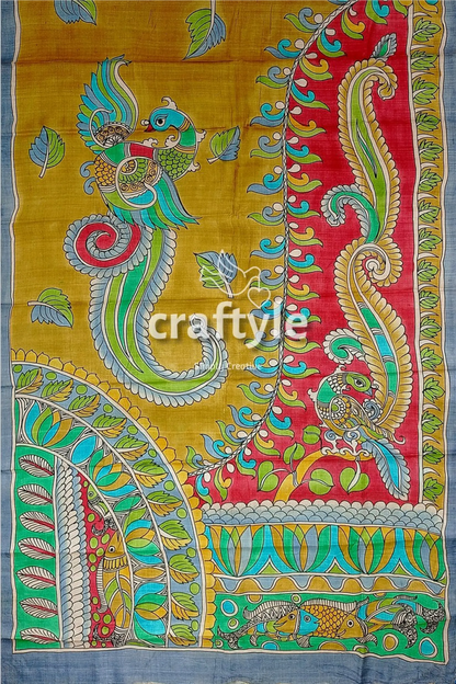 Hand painted pure tussar kalamkari saree with zari border - dark golden hand-painted silk fabric bird paisley 6