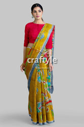 Hand painted pure tussar kalamkari saree with zari border - dark golden woman yellow saree red blouse 4