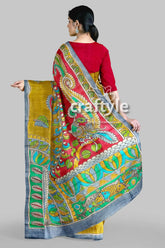 Hand painted pure tussar kalamkari saree with zari border - dark golden hand-painted silk saree 5