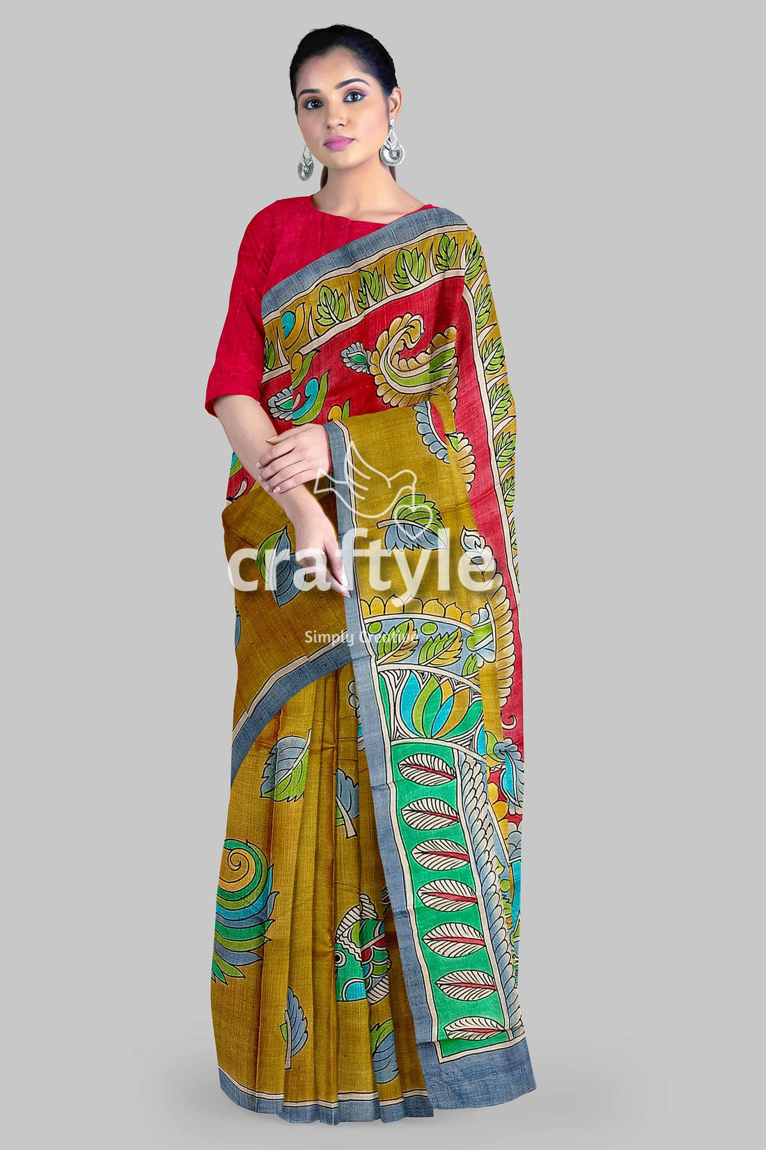 Hand Painted Pure Tussar Kalamkari Saree with Zari Border - Dark Golden - Craftyle