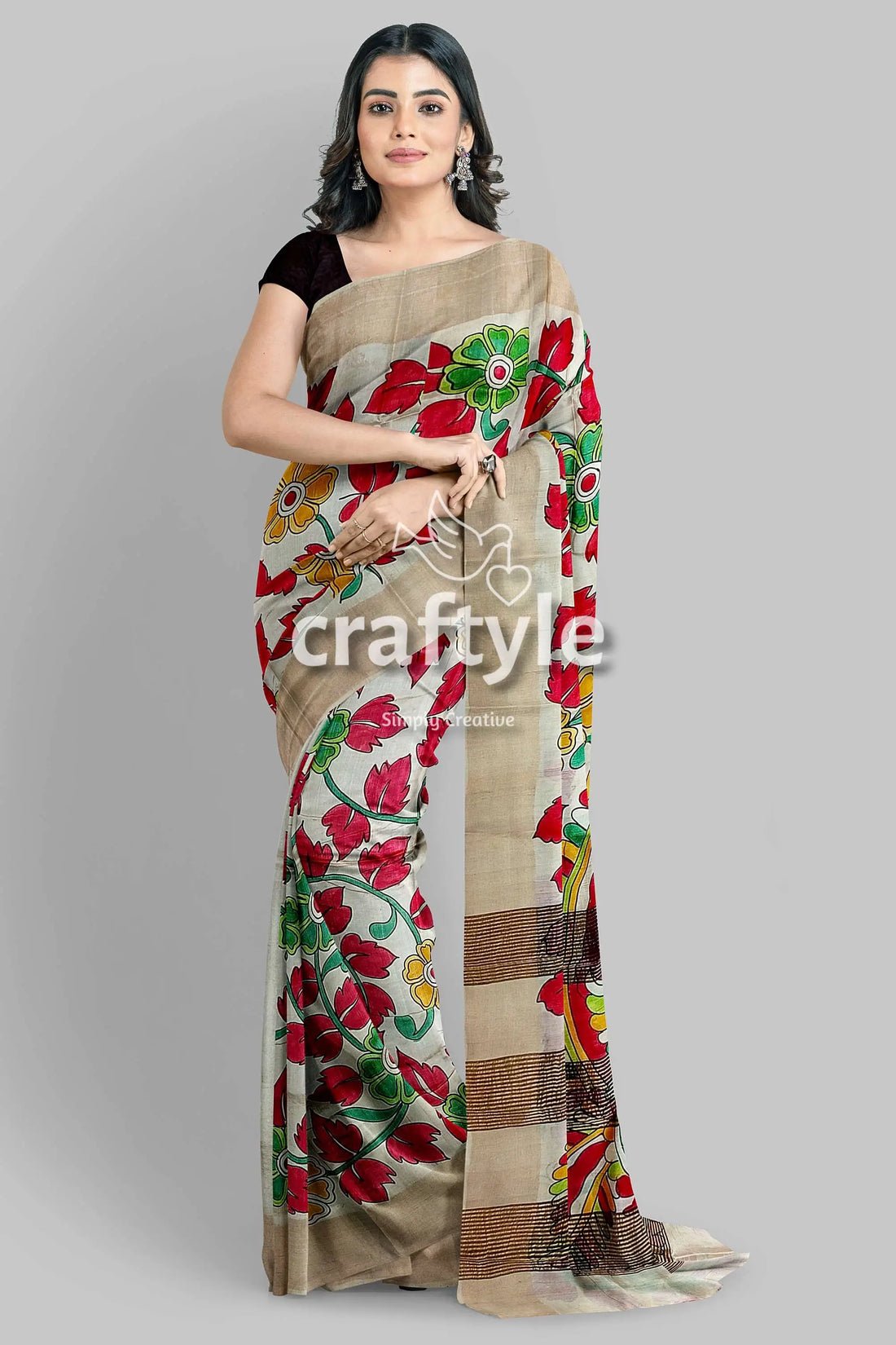 Hand painted pure tussar kalamkari saree with zari border - red leaf design woman floral-patterned saree 1