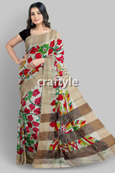 Hand painted pure tussar kalamkari saree with zari border - red leaf design floral-patterned saree 5