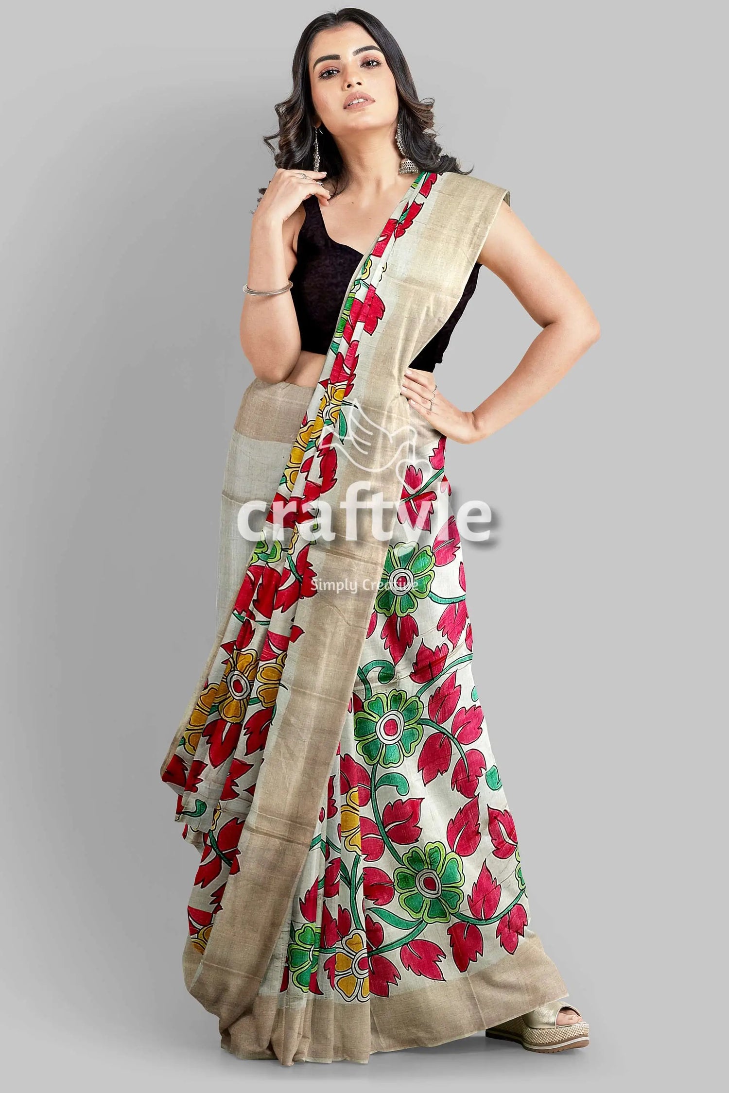 Hand painted pure tussar kalamkari saree with zari border - red leaf design floral-patterned saree beige border 4