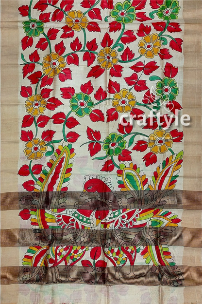 Hand painted pure tussar kalamkari saree with zari border - red leaf design hand-painted floral peacock saree 7