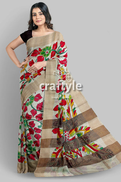 Hand Painted Pure Tussar Kalamkari Saree with Zari Border - Red Leaf Design - Craftyle