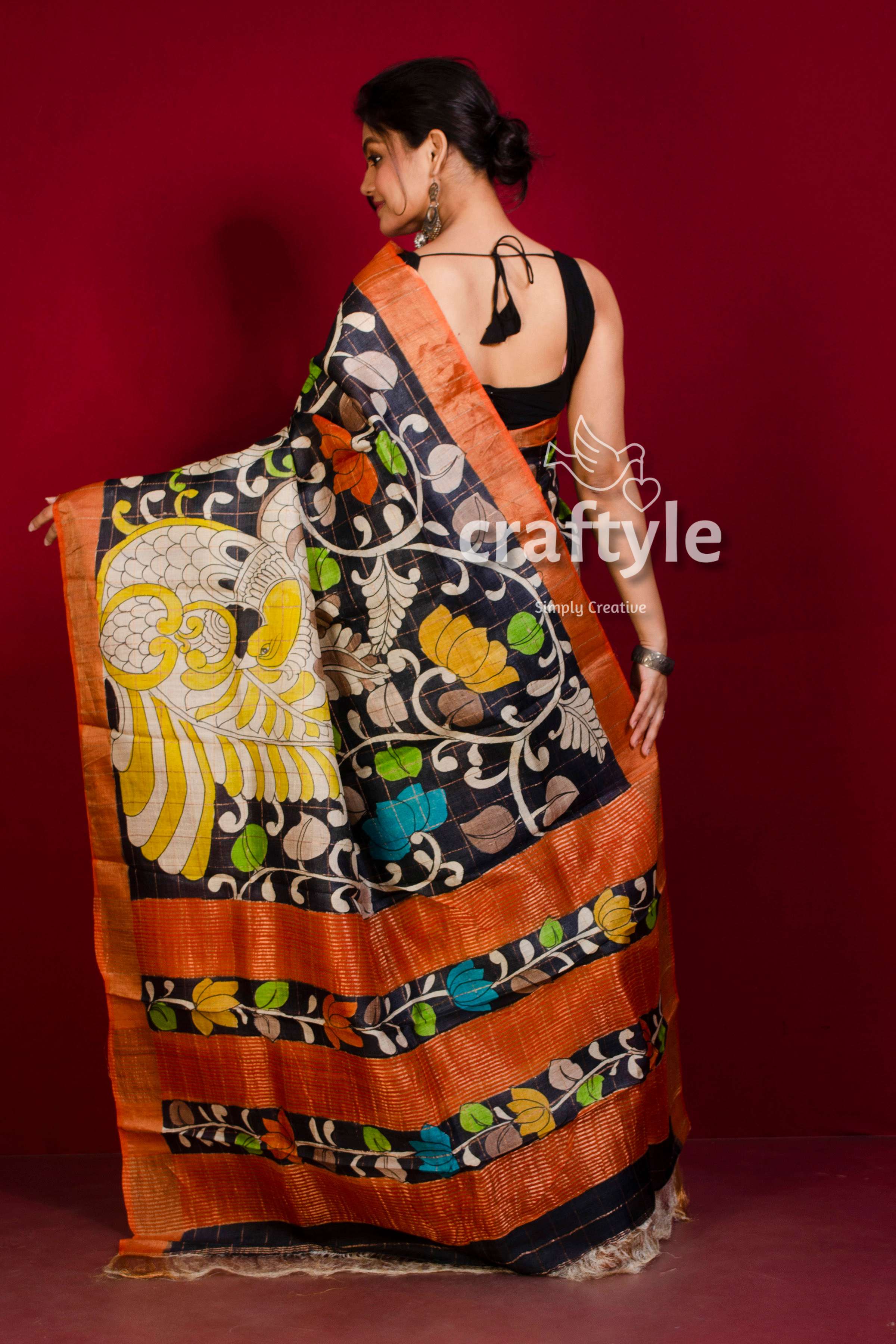 Hand Painted Pure Tussar Kalamkari Saree with Zari Border - Yellow Black - Craftyle