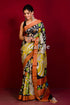 Hand Painted Pure Tussar Kalamkari Saree with Zari Border - Yellow Black - Craftyle