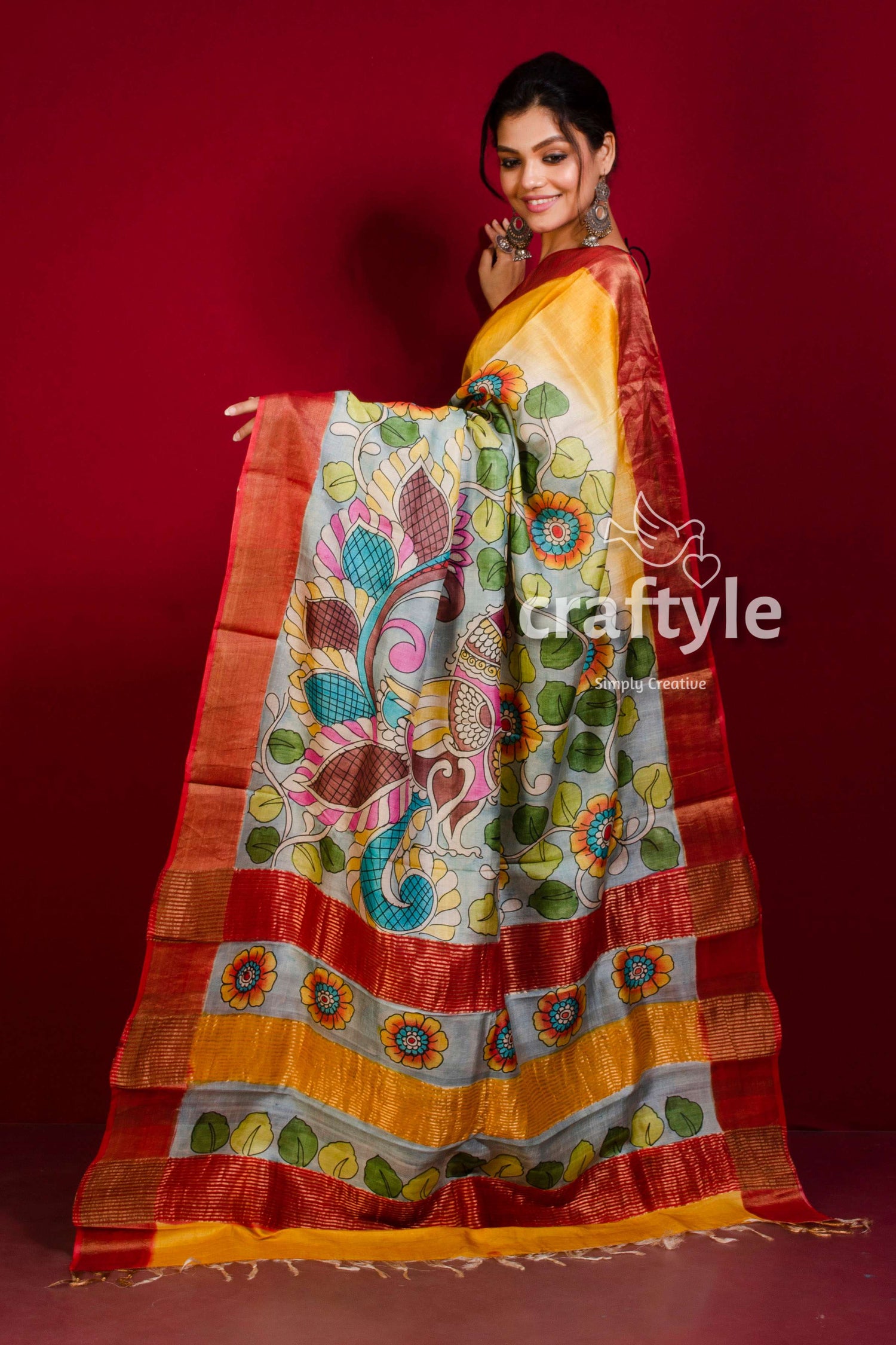 Hand Painted Pure Tussar Kalamkari Saree - Yellow Orange with Zari Border - Craftyle