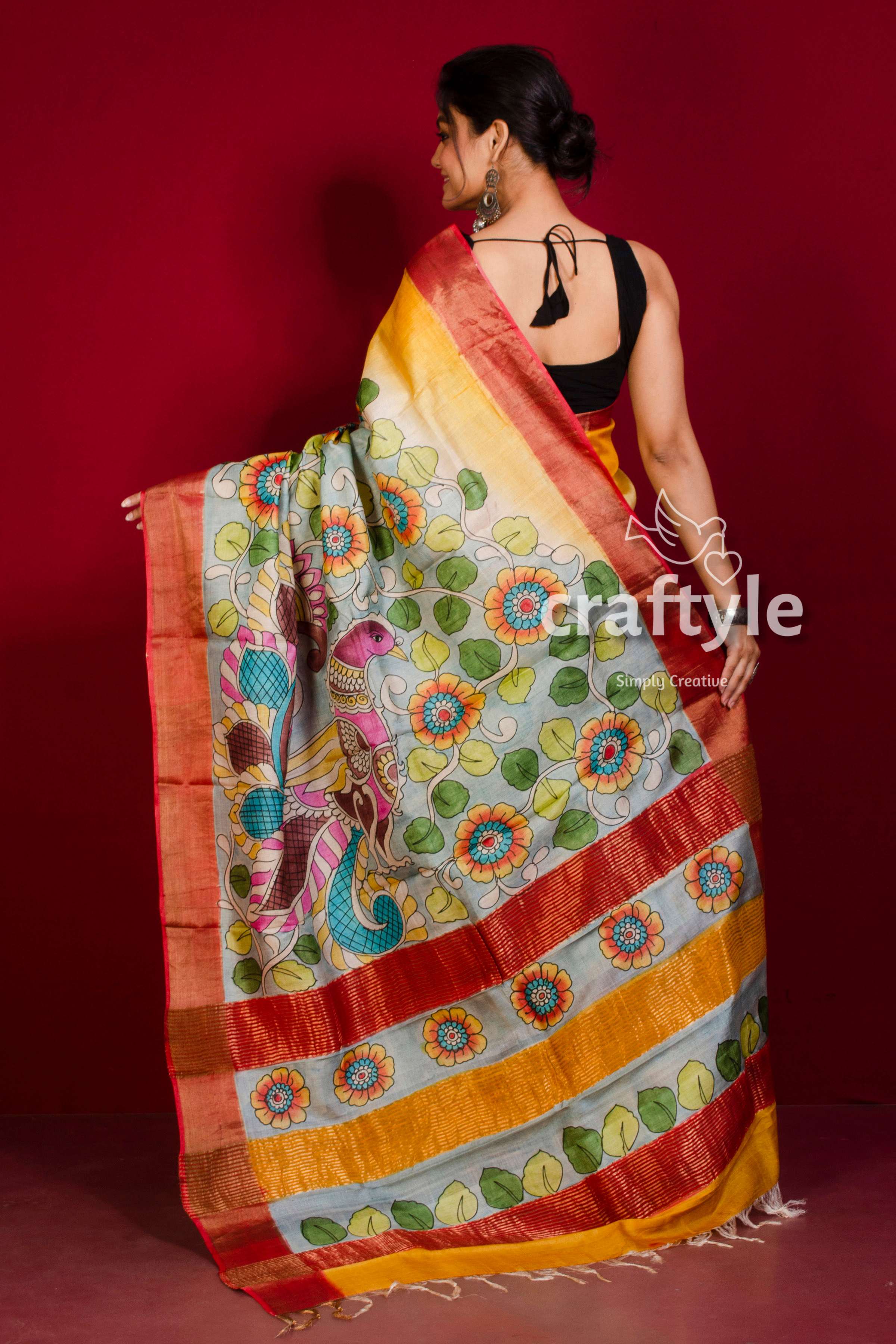 Hand Painted Pure Tussar Kalamkari Saree - Yellow Orange with Zari Border - Craftyle