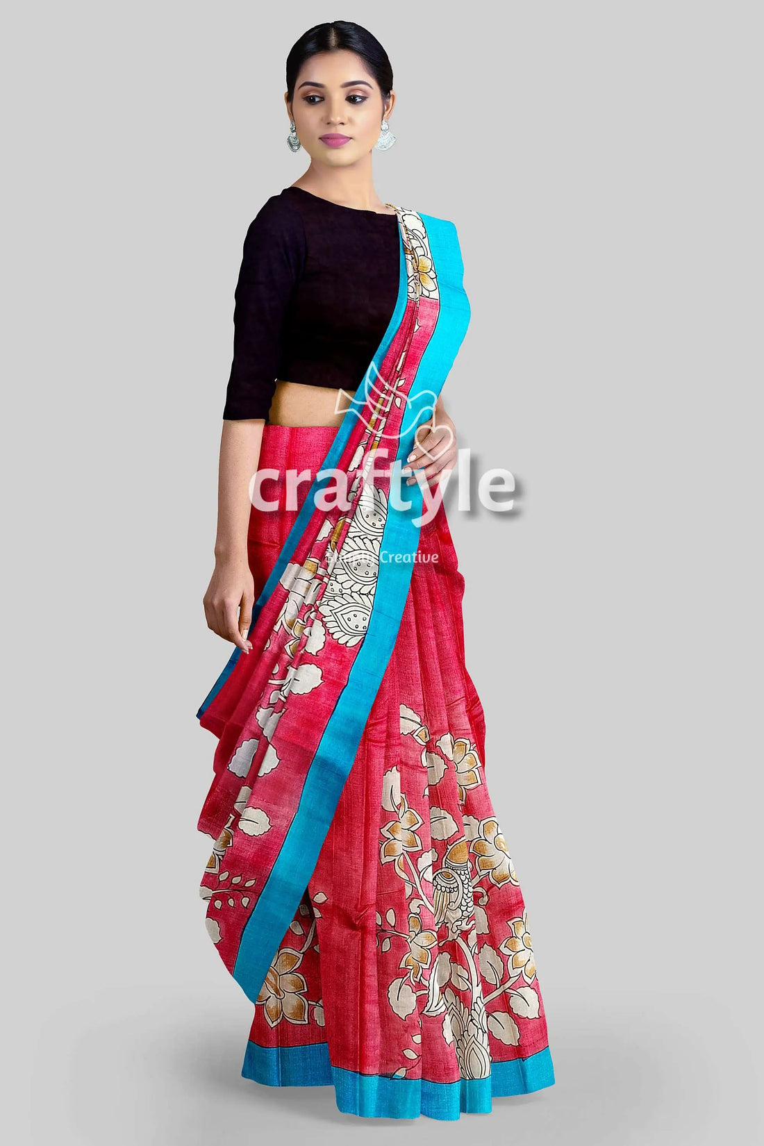 Hand painted pure tussar saree - red rose kalamkari sari with zari border woman pink floral saree blue 1