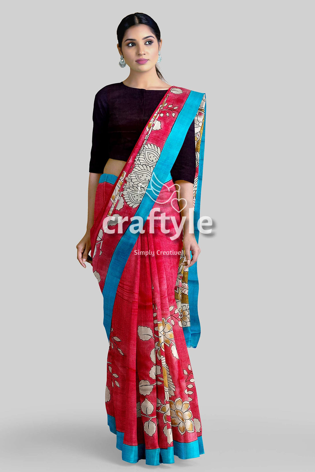 Hand Painted Pure Tussar Saree - Red Rose Kalamkari Sari with Zari Border - Craftyle