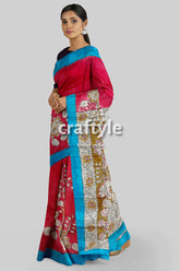 Hand Painted Pure Tussar Saree - Red Rose Kalamkari Sari with Zari Border - Craftyle
