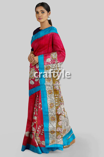 Hand Painted Pure Tussar Saree - Red Rose Kalamkari Sari with Zari Border - Craftyle