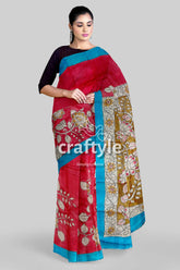 Hand Painted Pure Tussar Saree - Red Rose Kalamkari Sari with Zari Border - Craftyle