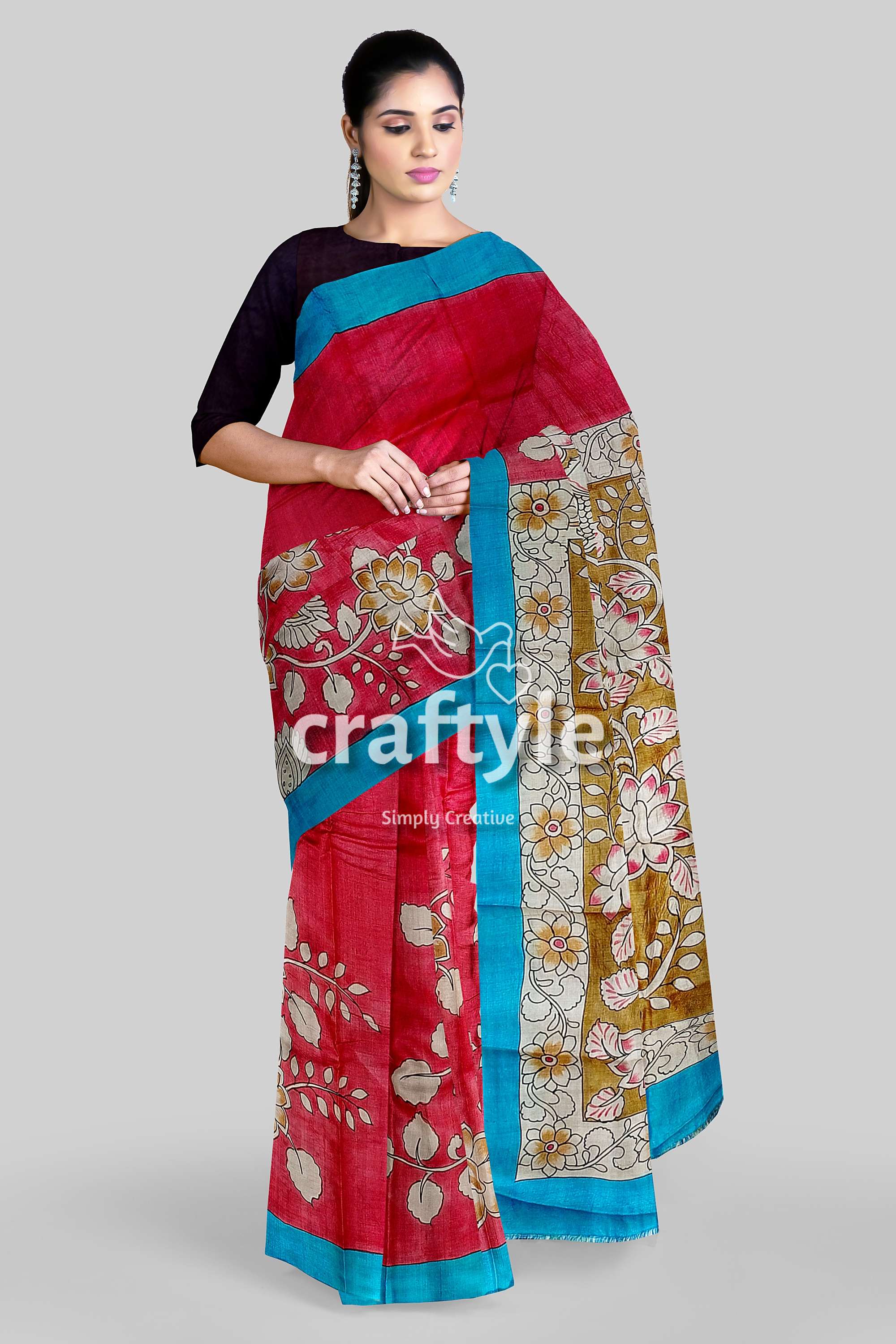 Hand Painted Pure Tussar Saree - Red Rose Kalamkari Sari with Zari Border - Craftyle