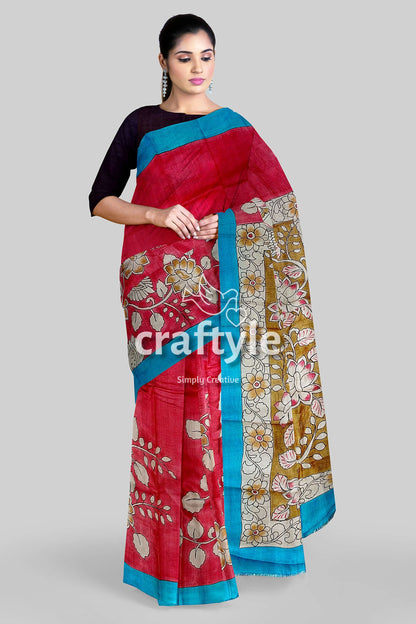 Hand Painted Pure Tussar Saree - Red Rose Kalamkari Sari with Zari Border - Craftyle