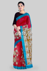 Hand Painted Pure Tussar Saree - Red Rose Kalamkari Sari with Zari Border - Craftyle