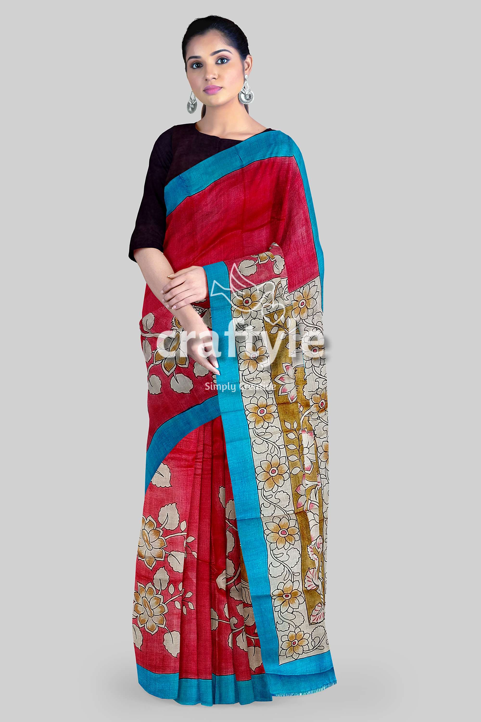 Hand Painted Pure Tussar Saree - Red Rose Kalamkari Sari with Zari Border - Craftyle