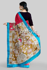 Hand Painted Pure Tussar Saree - Red Rose Kalamkari Sari with Zari Border - Craftyle